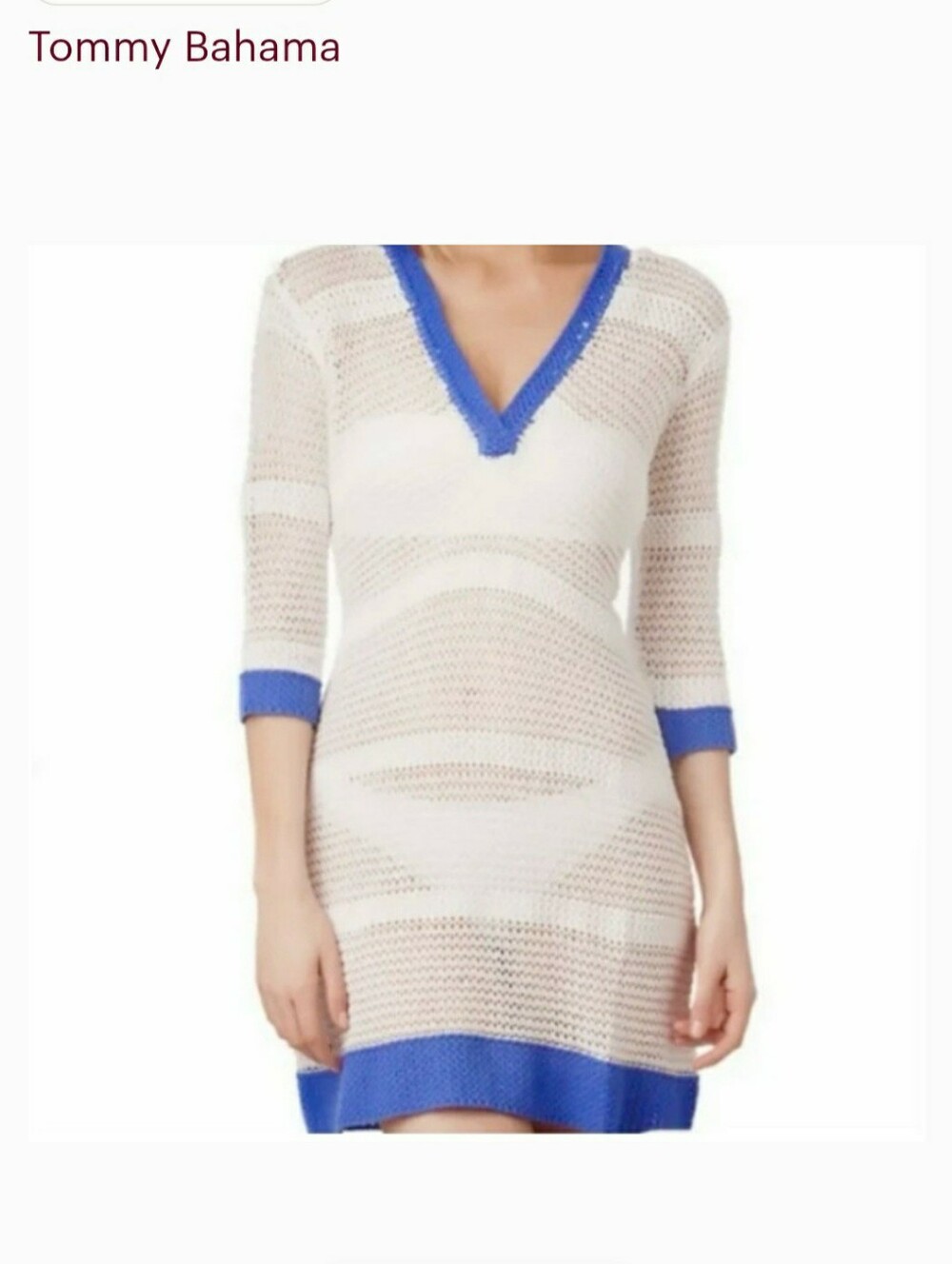 Tommy Bahama White Open-Knit V-Neck Swim Coverip with Blue Trim